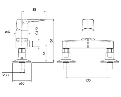 Technische Zeichnung einer Badarmatur mit Maßangaben