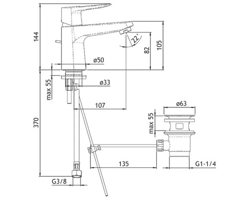 Technische Zeichnung eines Wasserhahns mit Abmessungen