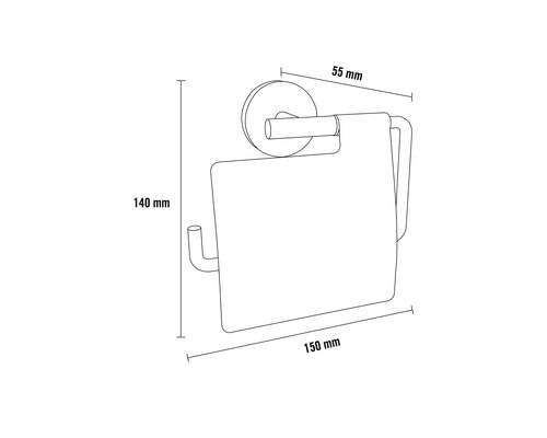 Dessin technique d''un porte-papier toilette avec les dimensions suivantes : 140 mm de hauteur, 150 mm de largeur et 55 mm de profondeur.
