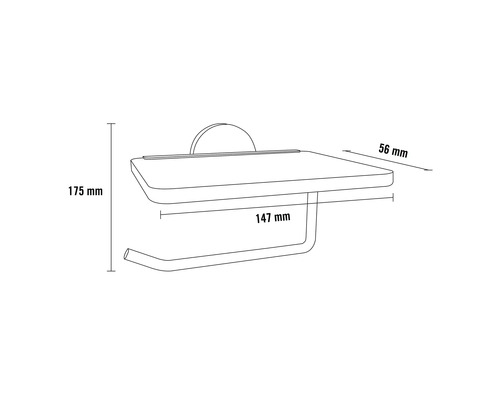 Schéma technique d''un porte-papier toilette avec étagère et dimensions