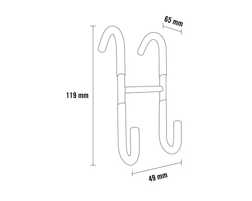 Abbildung der Maße einer Türhängeleiste: 119 mm hoch, 65 mm breit und 49 mm tief.