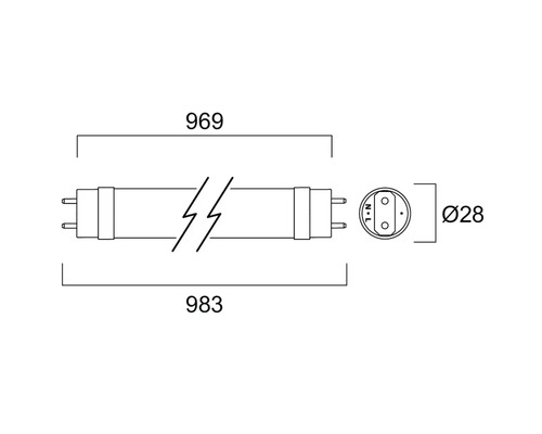 Dessin technique d''une lampe fluorescente avec dimensions