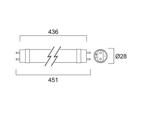 Schéma technique d''un tube fluorescent indiquant les dimensions suivantes : longueur de 436 mm et 451 mm et diamètre de 28 mm.
