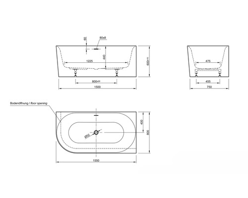 Schéma technique d''une baignoire avec dimensions
