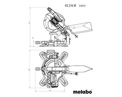 Technische Zeichnung der Metabo Kappsäge KS 216 M mit Maßangaben