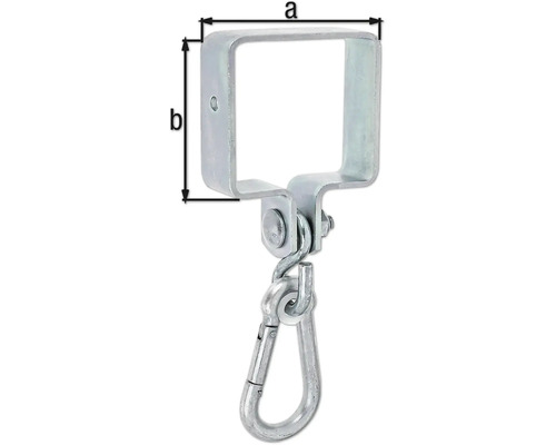 Crochet de balançoire avec mousqueton et indications de dimensions a et b.
