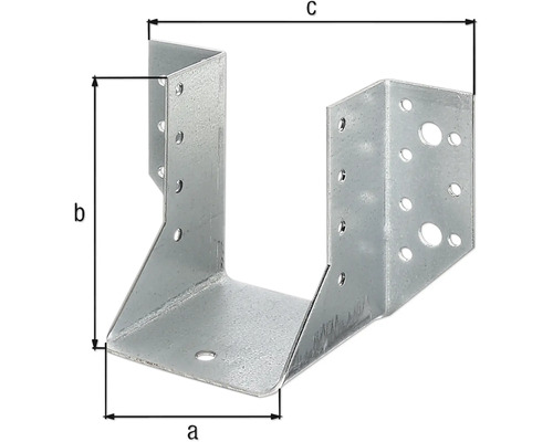 Balkenschuh aus Metall mit Maßen a, b und c zur Holzverbindung