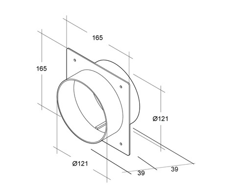 Technische Zeichnung eines Wanddurchführungsstücks mit den Massen 165, 121 und 39 Millimeter