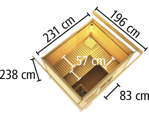 Vue de dessus d''un sauna avec indication des dimensions.