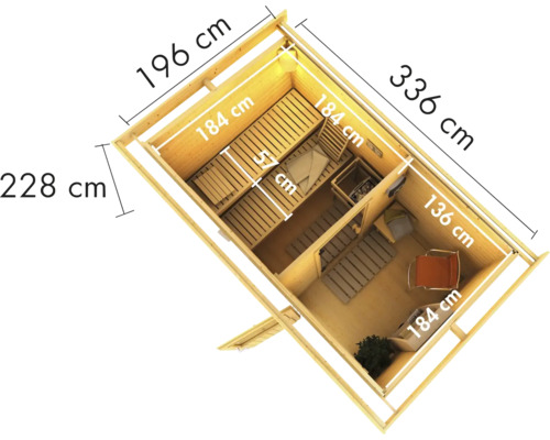 Vue de dessus d''un sauna de jardin mesurant 336 x 196 x 228 centimètres.