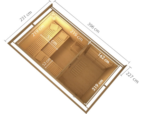 Plan d''un sauna en bois avec les dimensions