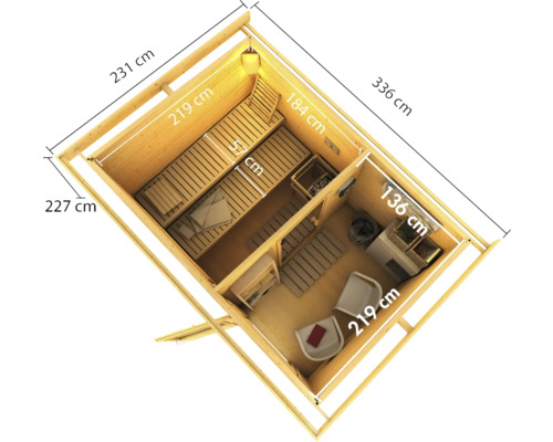 Vue de dessus d''un sauna avec des mesures de longueur et de largeur