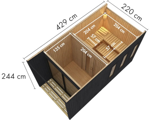 Illustration einer Gartensauna mit den Maßen 429 mal 220 mal 244 Zentimeter