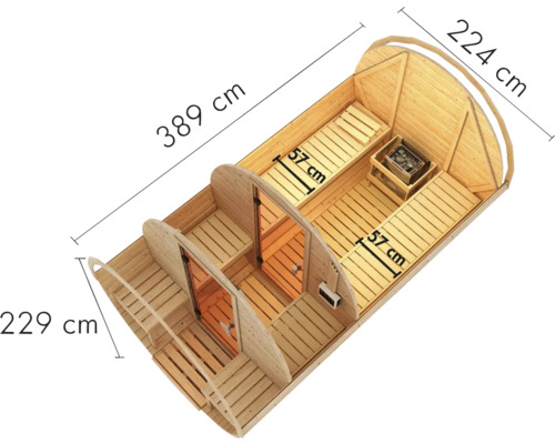 Draufsicht der Fasssauna mit Massangaben
