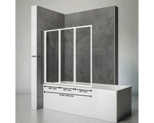 Pare-baignoire avec trois éléments et indications de dimensions