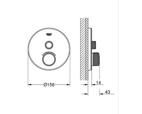 Technische Zeichnung der Grohe Grohtherm Thermostatbatterie mit Maßangaben