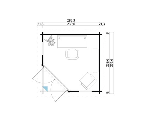 Grundriss eines Gartenhauses mit Möbeln und Maßangaben