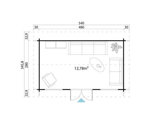 Grundrisszeichnung eines Gartenhauses mit Möbeln und Abmessungen.