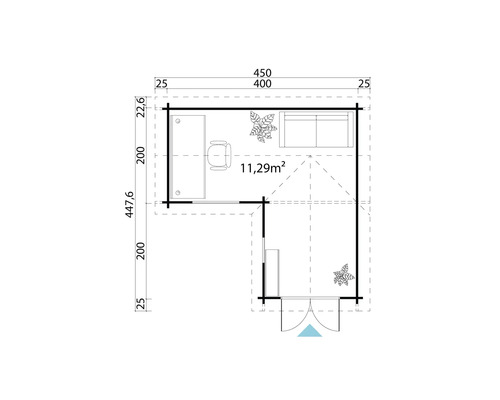 Grundriss eines Gartenhauses mit Möbeln und Bepflanzung, Maße 450 mal 447,6 Zentimeter, Fläche 11,29 Quadratmeter