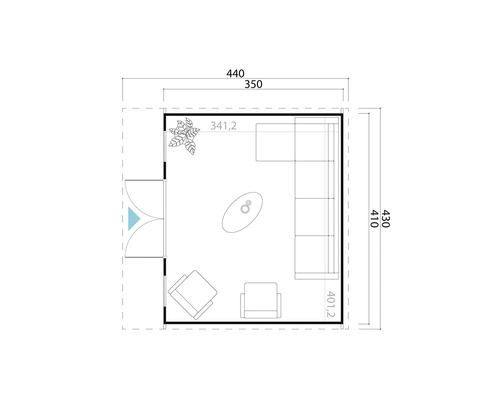 Grundriss eines Wohnraumes mit Möbeln und Maßangaben