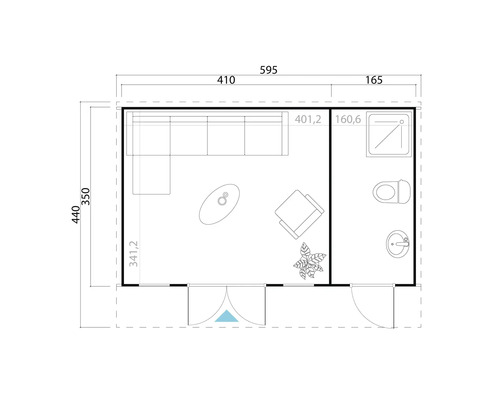 Grundriss eines Gartenhauses mit Wohnzimmer und Bad mit Abmessungen