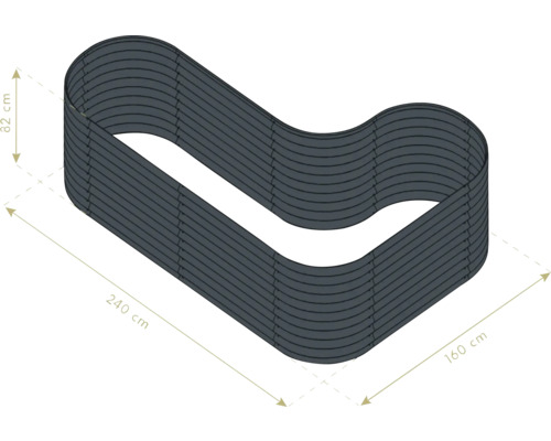 Illustration eines Hochbeets mit den Maßen 240 cm Länge, 160 cm Breite und 82 cm Höhe.