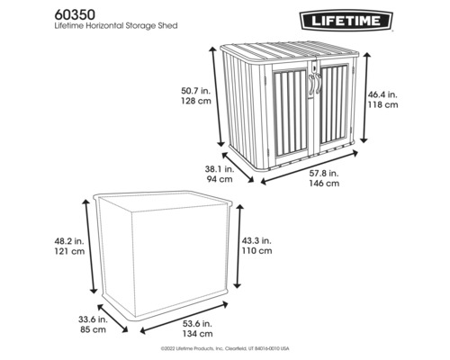 Image d''un abri de rangement horizontal Lifetime avec mesures
