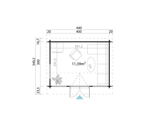 Grundrisszeichnung eines Gartenhauses mit Maßen und Möblierung