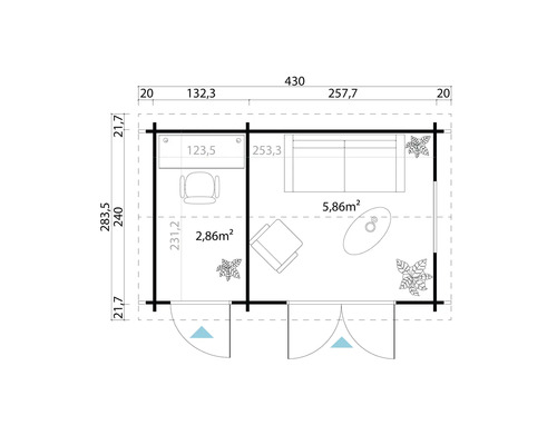 Grundrisszeichnung eines Gartenhauses mit Maßangaben.