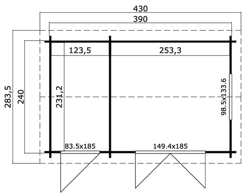 Grundrisszeichnung eines Gartenhauses mit Maßangaben
