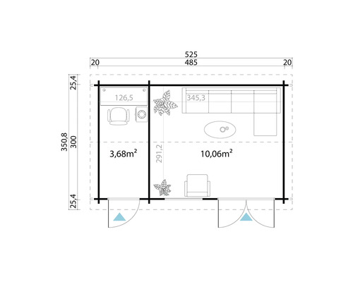 Grundriss eines Gartenhauses mit Büro- und Wohnbereich, Maße