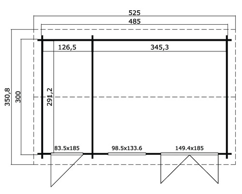 Grundrisszeichnung einer Gartenlaube mit Maßangaben.