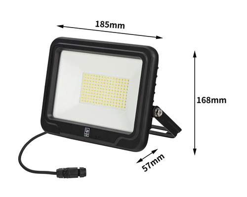 LED-Strahler mit Massangaben für Breite, Höhe und Tiefe
