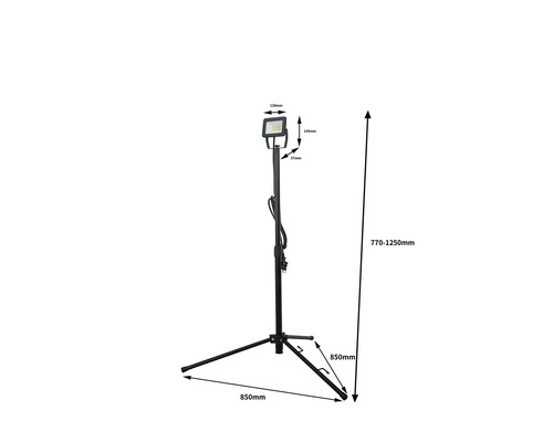 LED-Baustrahler mit Stativ und Massangaben
