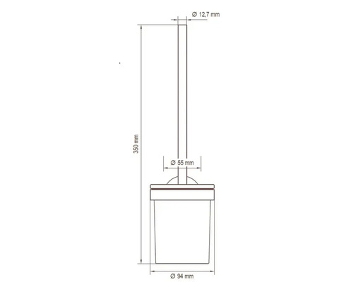 Dessin technique d''une brosse de toilette avec les dimensions : diamètre en haut 12,7 mm, diamètre de la tête de brosse 55 mm, diamètre du récipient 94 mm, hauteur 350 mm.
