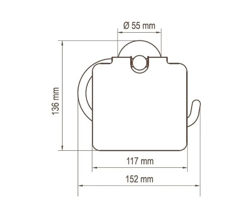 Schéma coté d''un porte-papier toilette avec les dimensions suivantes : 136 mm de hauteur, 152 mm de largeur et 55 mm de diamètre