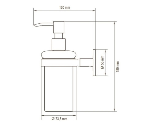 Schéma technique d''un distributeur de savon avec indications de dimensions.