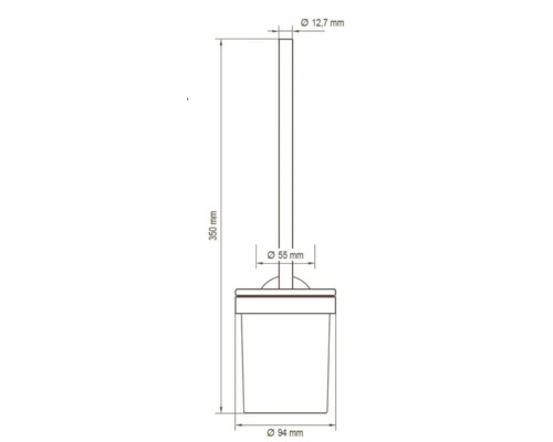 Schéma technique d''une brosse de toilette avec indications de dimensions.