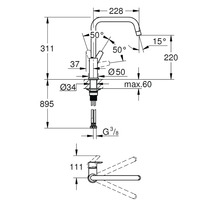 Technische Zeichnung einer Armatur mit Massangaben