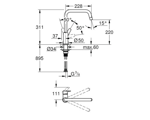 Technische Zeichnung einer Armatur mit Massangaben