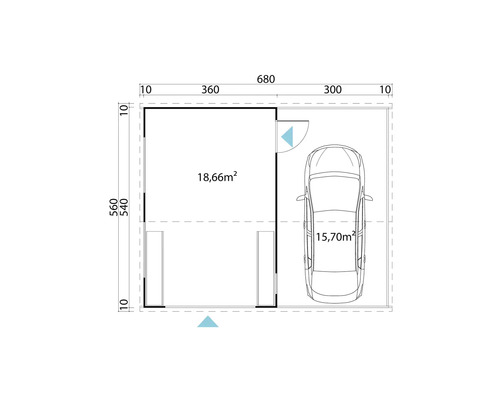 Grundriss einer Garage mit den Maßen 680 mal 560 Zentimeter und einer Fläche von 18,66 Quadratmetern