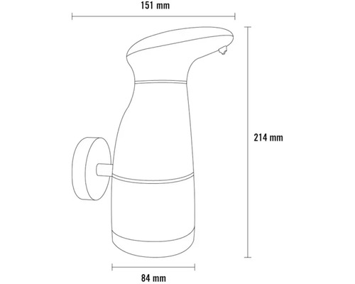 Technische Zeichnung eines Seifenspenders mit den Massen 151 mm Breite, 214 mm Höhe und 84 mm Tiefe.