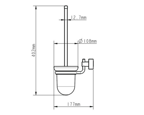 Technische Zeichnung einer Toilettenbürste mit den Maßen 402 mm Höhe, 177 mm Breite und einem Durchmesser von 108 mm