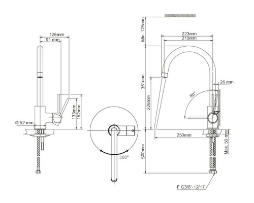 Dessin technique d''un robinet de cuisine avec dimensions