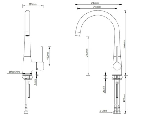 Schéma technique d''un robinet de cuisine avec dimensions