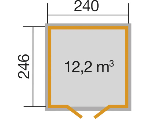 Grundrisszeichnung mit den Maßen 240 mal 246 Zentimeter und einem Volumen von 12,2 Kubikmeter