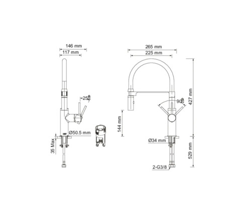 Schéma coté d''un robinet de cuisine avec différentes vues et dimensions.