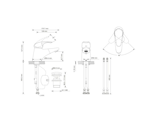 Plan coté d''un robinet avec les dimensions correspondantes.