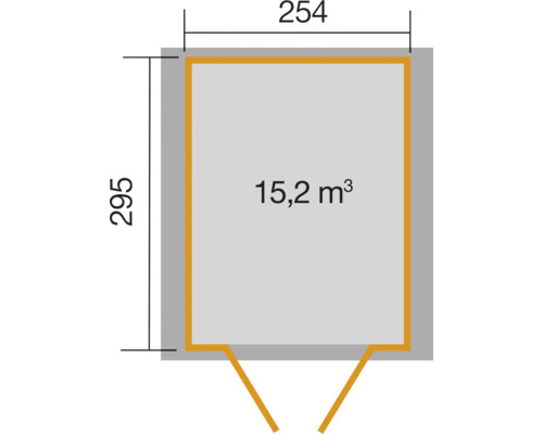 Grundrisszeichnung eines Gartenhauses mit den Massen 254 mal 295 Zentimeter und einem Volumen von 15,2 Kubikmeter