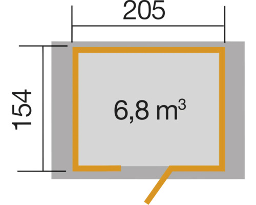 Plan avec des dimensions de 205 sur 154 et un volume de 6,8 mètres cubes